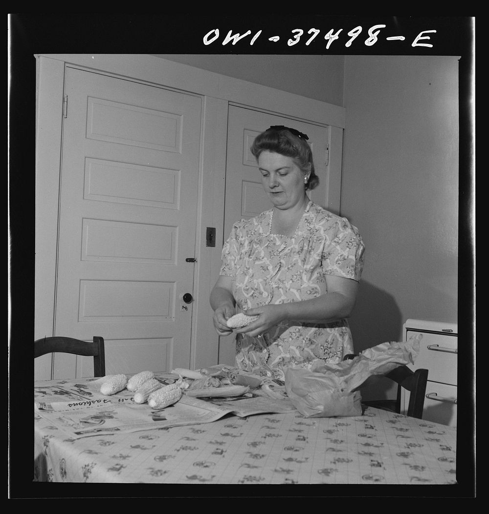 Cincinnati, Ohio. Mrs. Bernard Cochran, the wife of a Greyhound bus driver, preparing Sunday dinner at home. Sourced from…