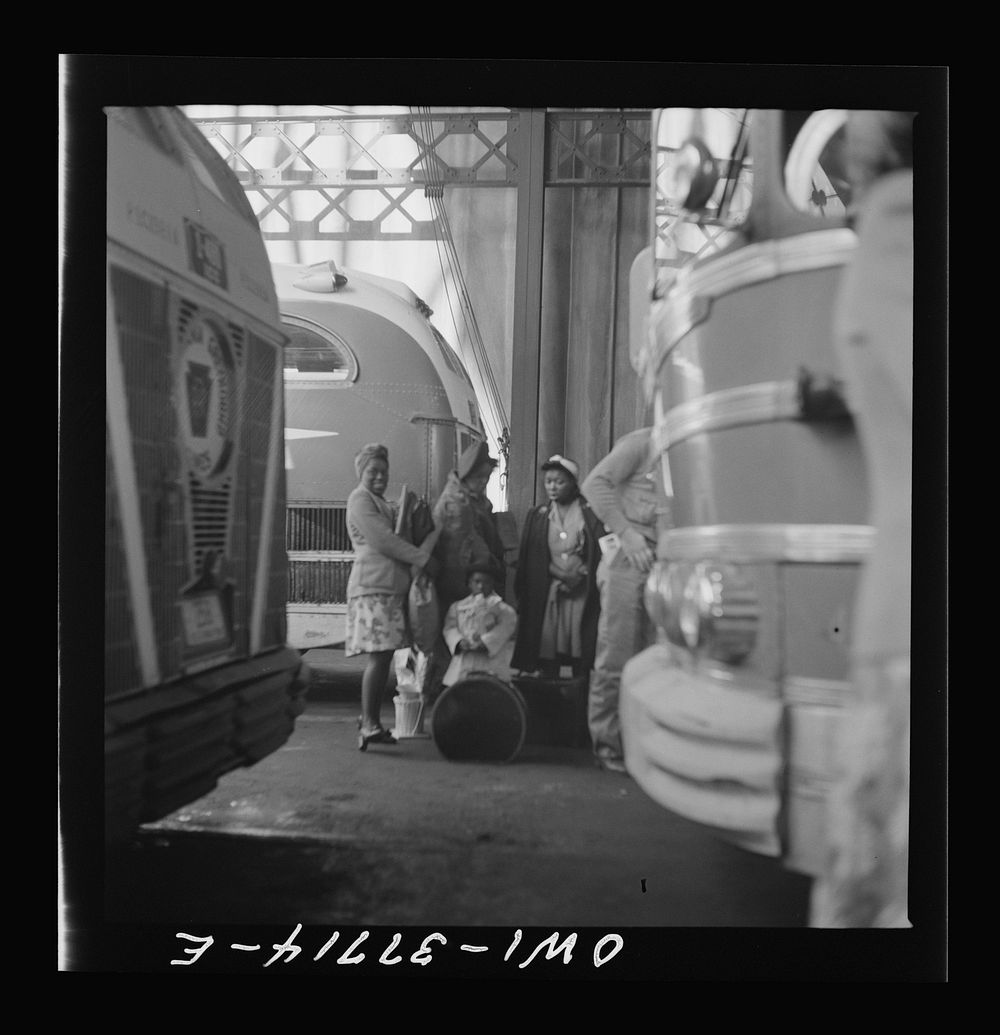 [Untitled photo, possibly related to: Indianapolis, Indiana. Bus passengers in the Greyhound terminal]. Sourced from the…