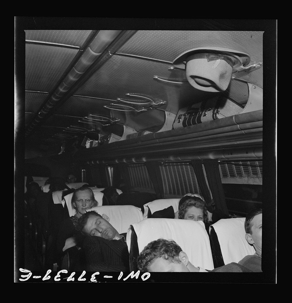 A Greyhound bus which is bound for Chicago, Illinois from Cincinnati, Ohio at two a.m.. Sourced from the Library of Congress.