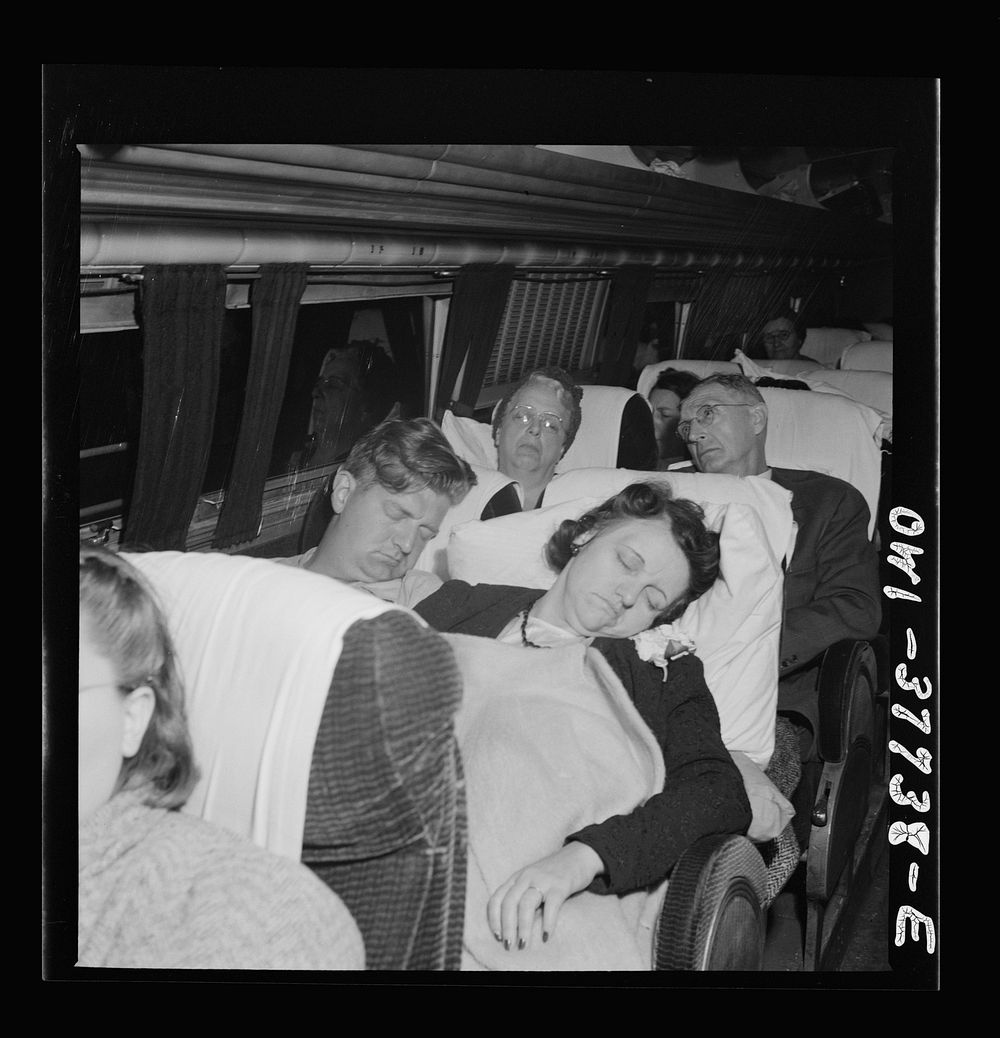 A Greyhound bus which is bound for Chicago, Illinois from Cincinnati, Ohio at two a.m.. Sourced from the Library of Congress.