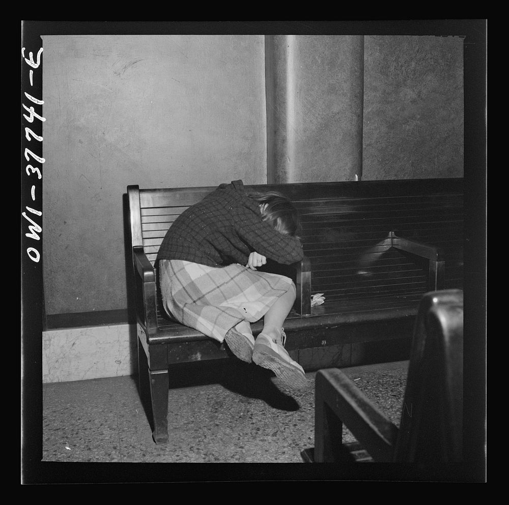 Indianapolis, Indiana. The waiting room of the Greyhound bus terminal at 5:30 a.m.. Sourced from the Library of Congress.
