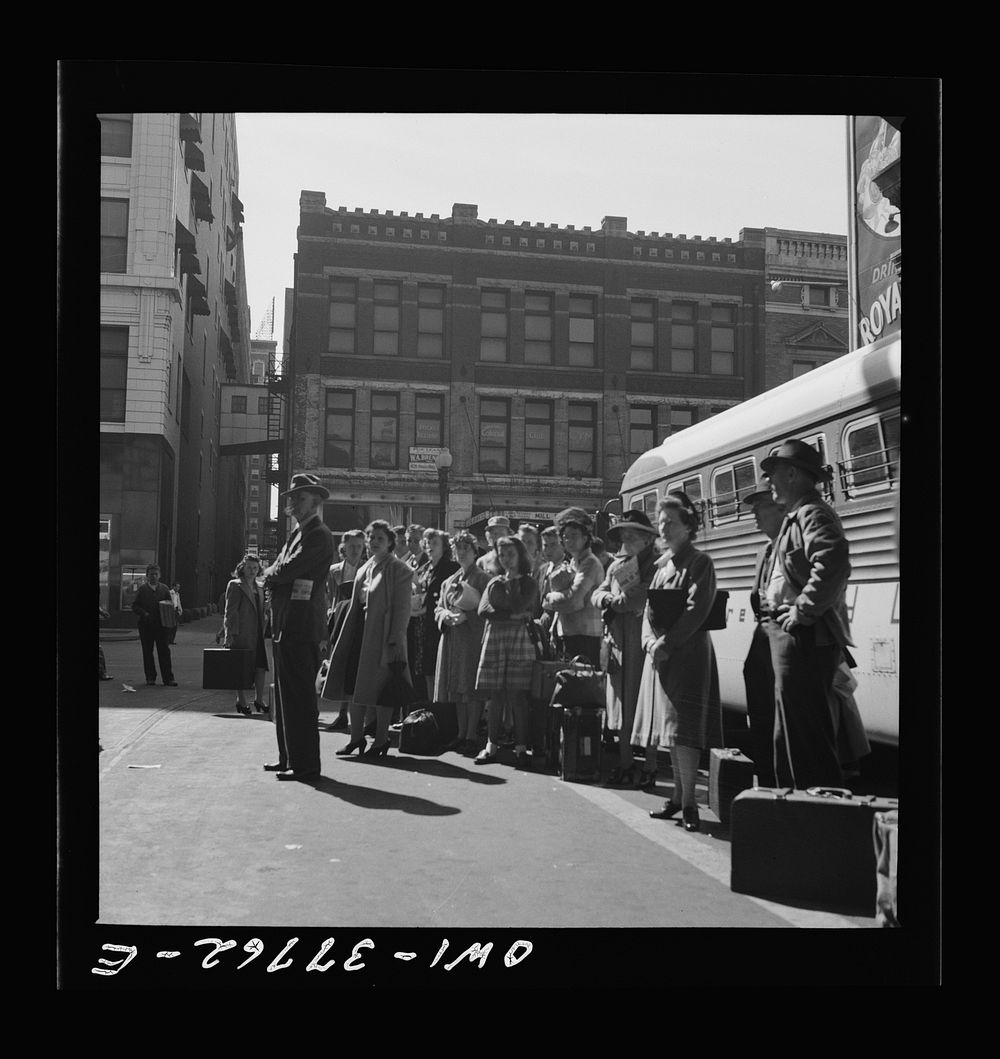 Indianapolis, Indiana. Passengers waiting for a bus at the Greyhound bus station. Sourced from the Library of Congress.