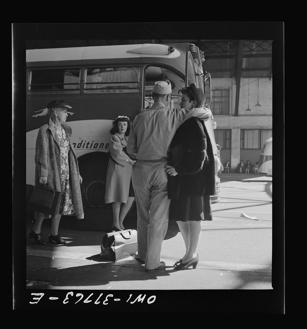 Indianapolis, Indiana. A soldier and a girl saying goodbye at the Greyhound bus station. Sourced from the Library of…