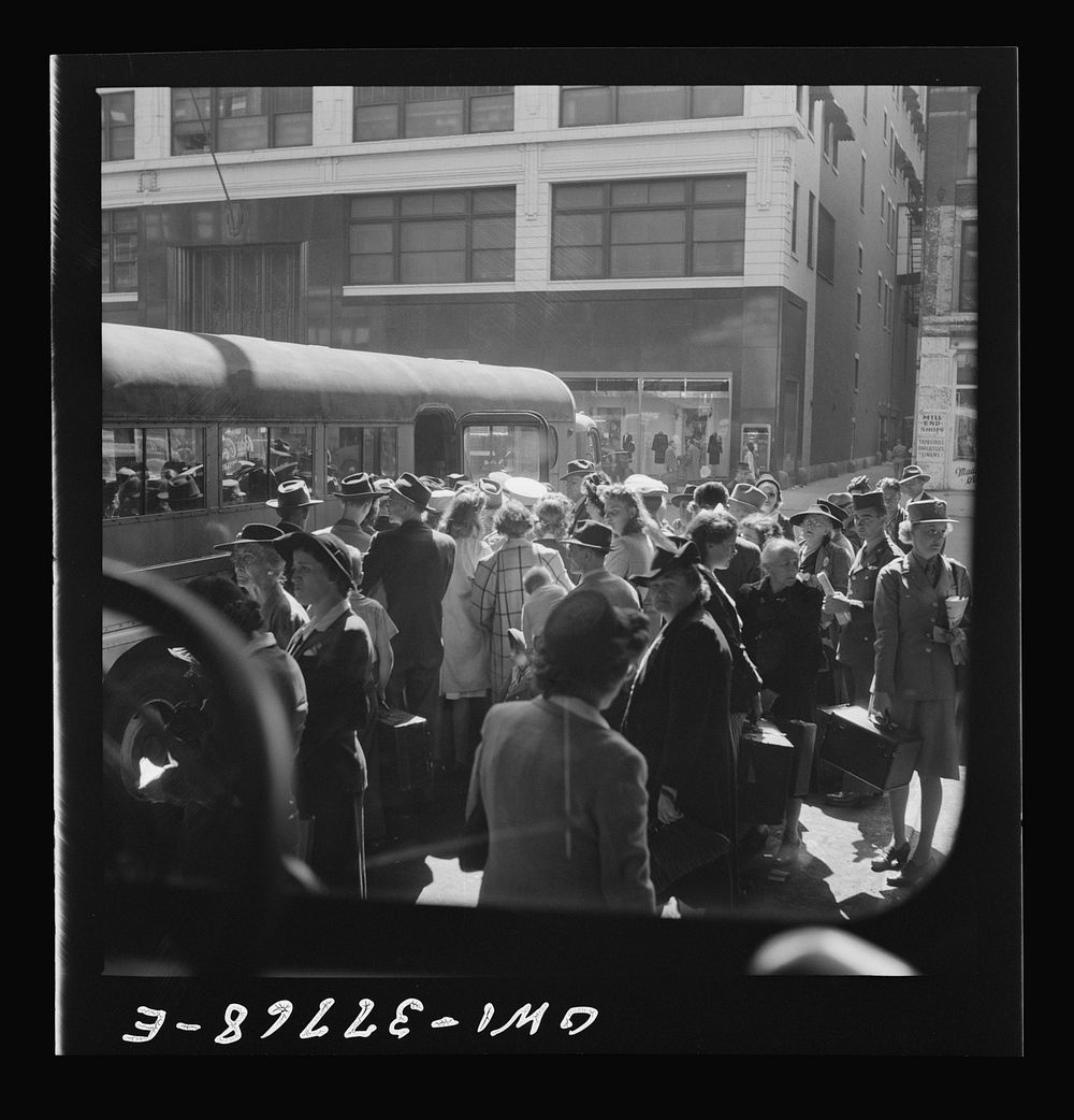 Indianapolis, Indiana. A bus being boarded by passengers at the Greyhound bus terminal. Sourced from the Library of Congress.