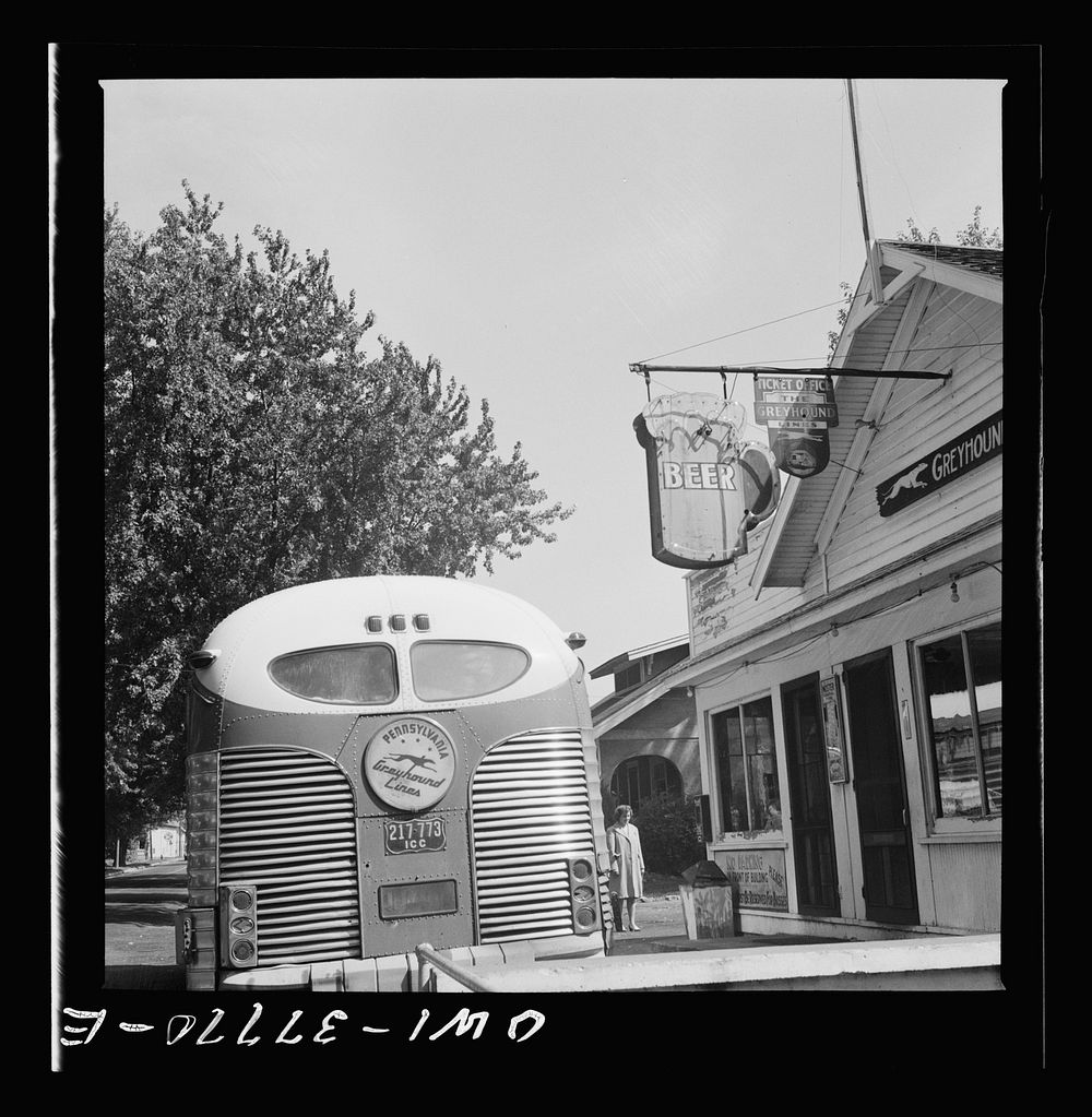 A Greyhound bus at a rest stop in Indiana. Sourced from the Library of Congress.