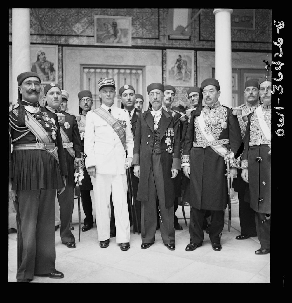 [Untitled photo, possibly related to: Carthage, Tunisia. General de Gaulle, the Bey of Tunis and General Mast in the…