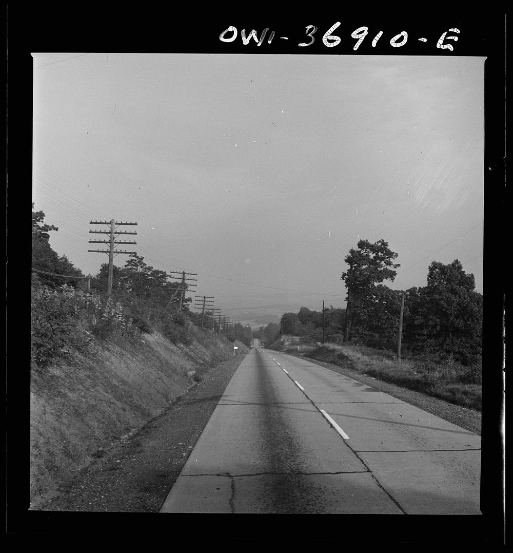 [Untitled photo, possibly related to: A Greyhound bus going from Washington, D.C. to Pittsburgh, Pennsylvania on a highway…