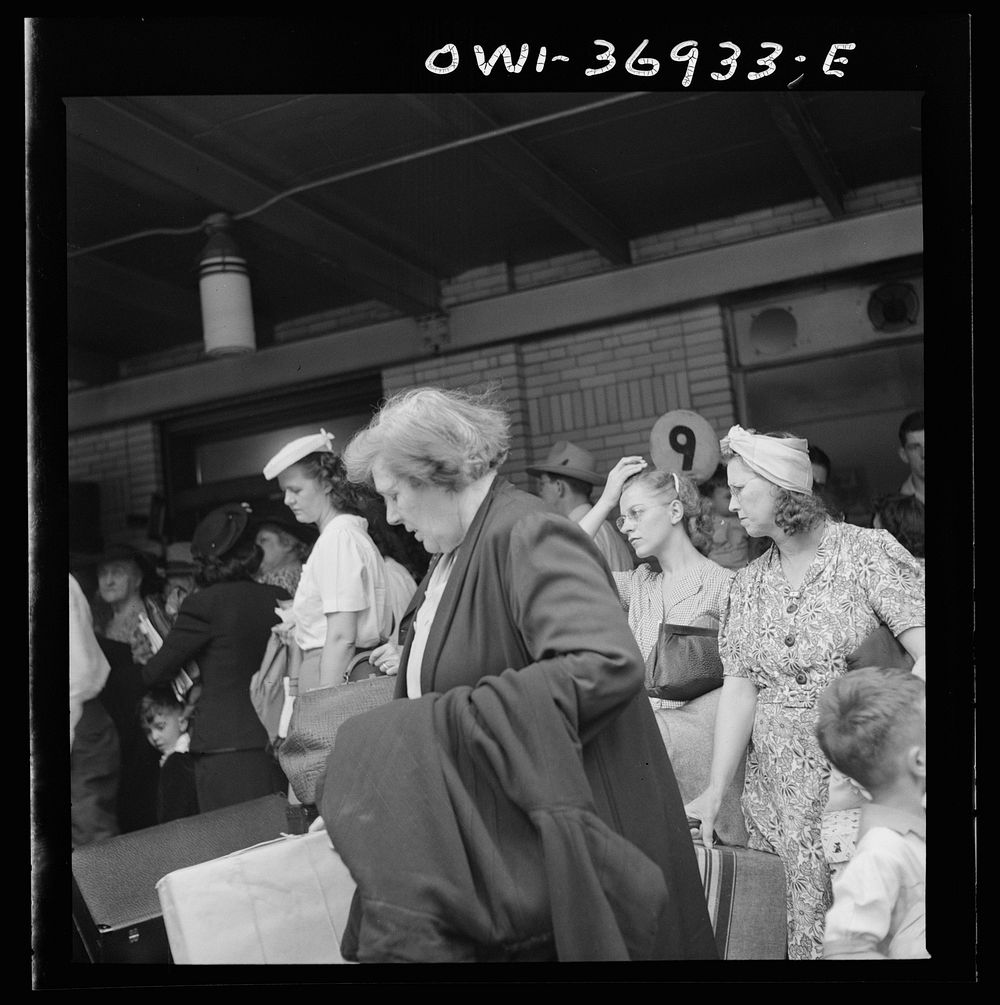 Pittsburgh, Pennsylvania. Passengers waiting for a bus at the Greyhound bus terminal. Sourced from the Library of Congress.