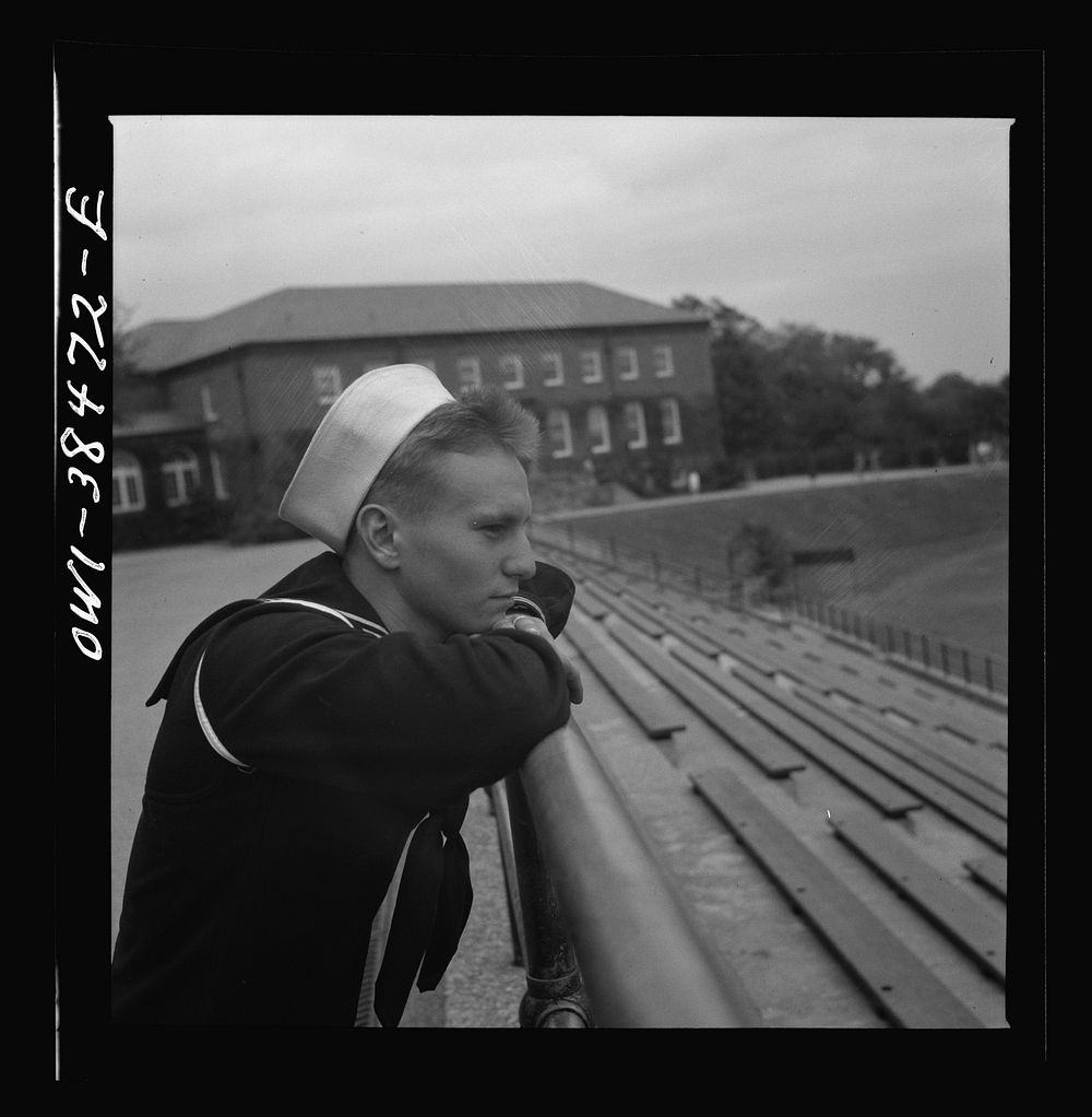 Washington, D.C. A sailor who graduated in June, home on his first leave, visiting at Woodrow Wilson High School. Sourced…