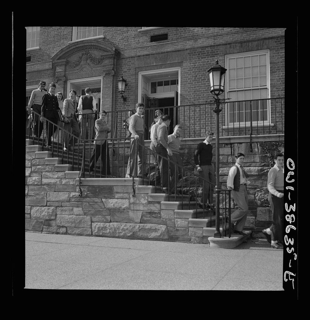Washington, D.C. Leaving the school building after a fire drill at Woodrow Wilson High School. Sourced from the Library of…