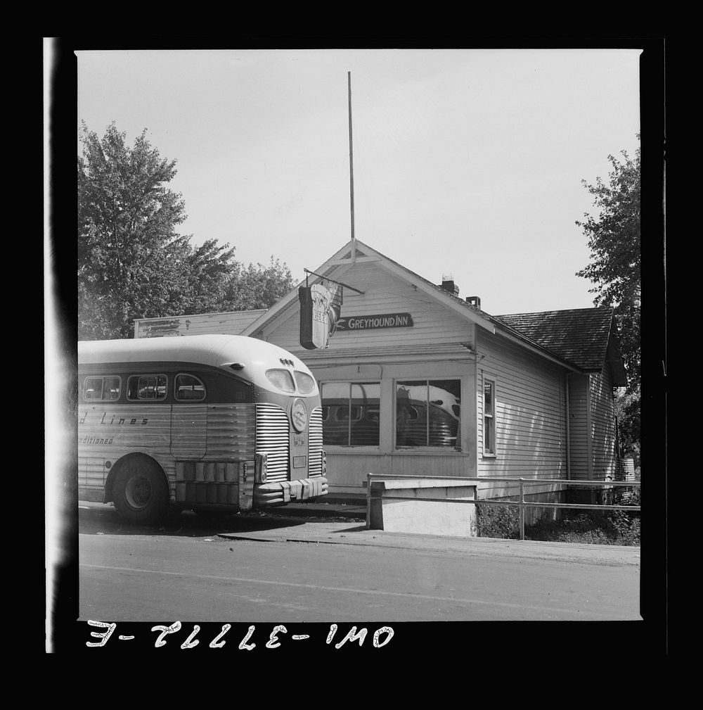 A Greyhound bus at a rest stop in Indiana. Sourced from the Library of Congress.