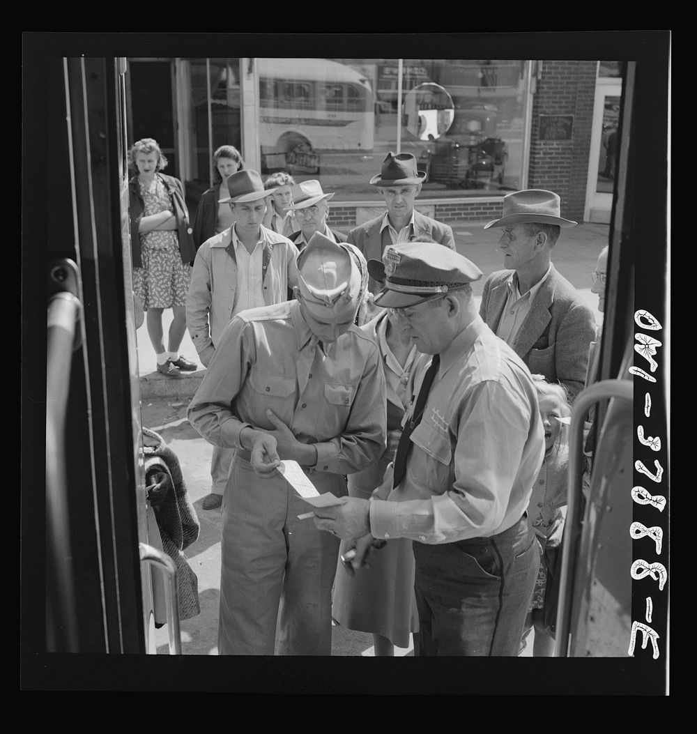 A Greyhound bus trip from Louisville, Kentucky, to Memphis, Tennessee, and the terminals. Soldier checking ticket with the…