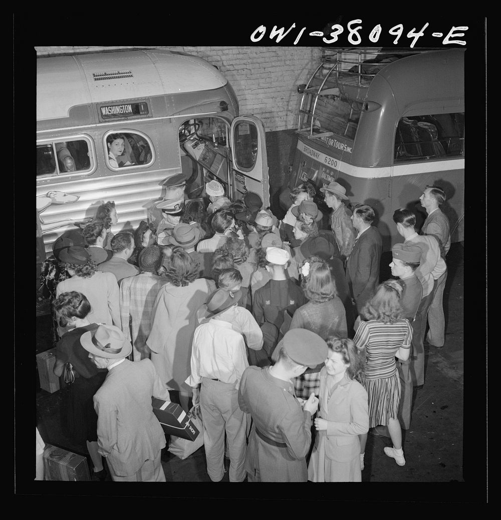Bus trip from Knoxville, Tennessee, to Washington, D.C. People getting on bus at Roanoke, Virginia. Sourced from the Library…