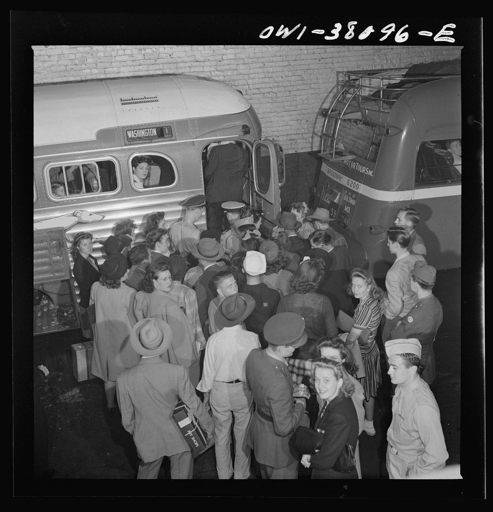 Bus trip from Knoxville, Tennessee, to Washington, D.C. People getting on bus at Roanoke, Virginia. Sourced from the Library…