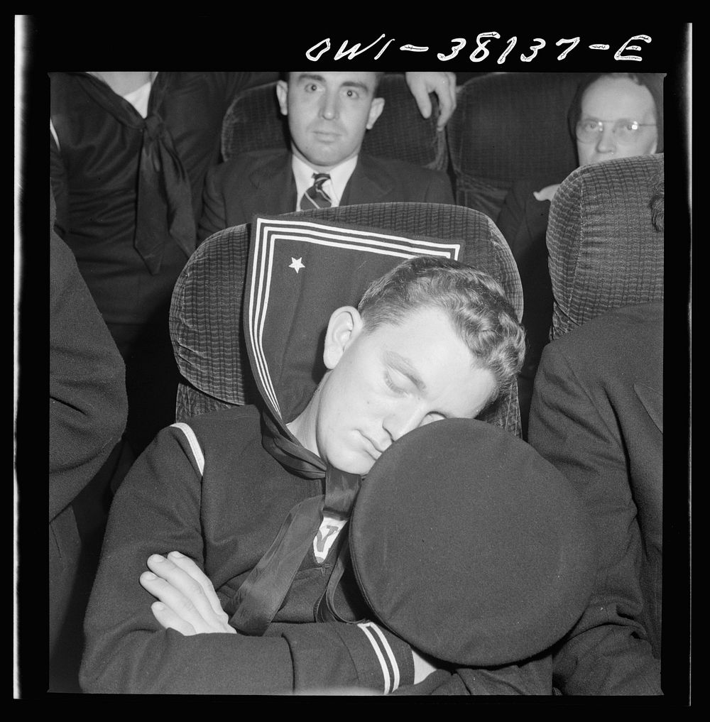 Bus trip from Knoxville, Tennessee, to Washington, D.C. Sailor on bus enroute to Washington from Roanoke. Sourced from the…