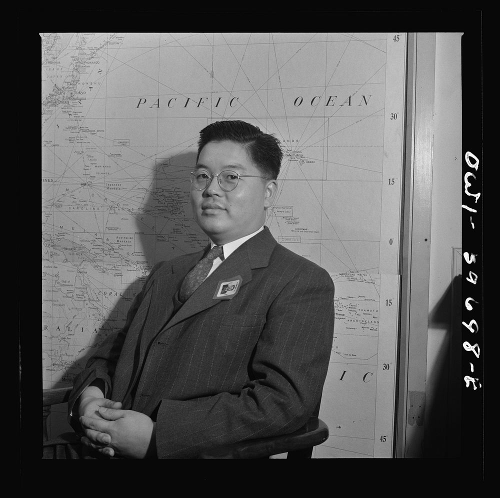 Jack Maki, regional specialist for Japan. Far East Section, Overseas Branch, Office of War Information. Sourced from the…