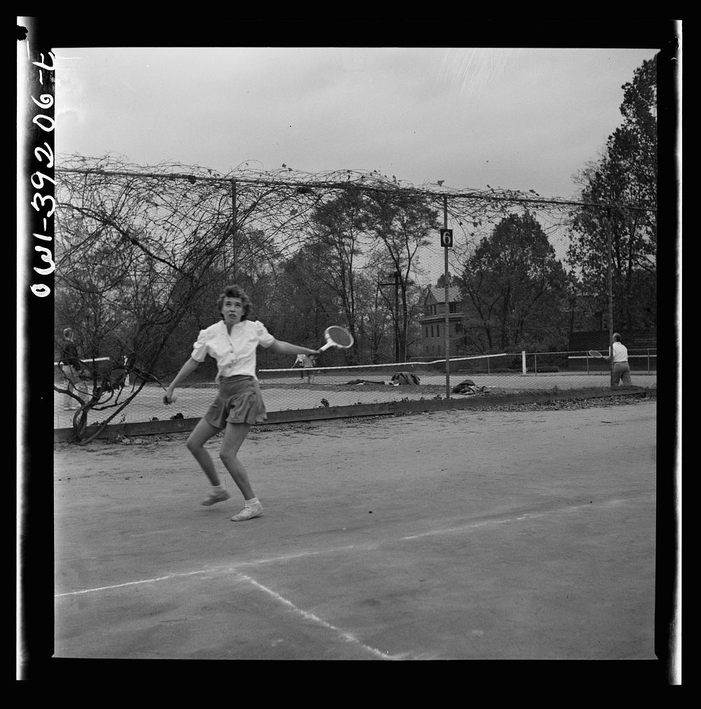 Washington, D.C. Sally Dessez, a student at Woodrow Wilson High School, playing tennis. Sourced from the Library of Congress.