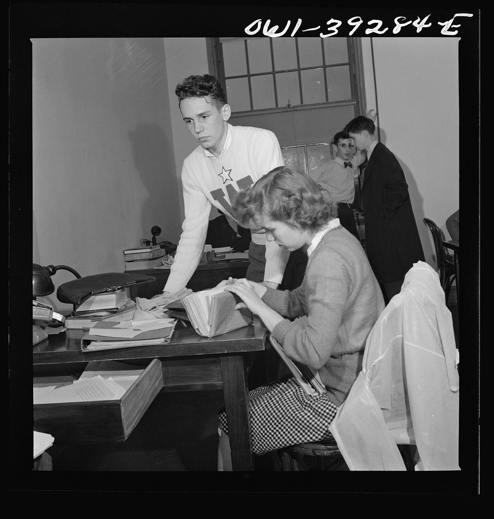 Washington, D.C. Sally Dessez, editor of the Woodrow Wilson High School yearbook, talking with Walter Spangenberg in the…