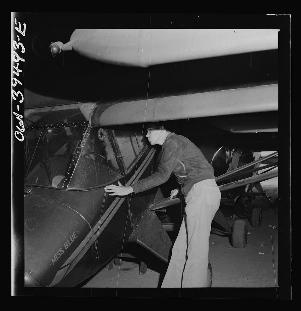 Frederick, Maryland. Walter Spangenberg, a student at Woodrow Wilson High School, inspecting one of the planes stored at the…