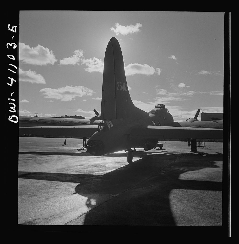 [Untitled photo, possibly related to: Production. B-17 heavy bomber. Tail view of a new B-17F (Flying Fortress) bomber ready…