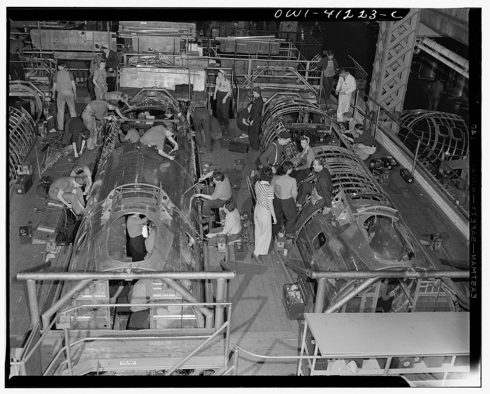 [Untitled photo, possibly related to: Boeing aircraft plant, Seattle, Washington. Production of B-17F (Flying Fortress)…