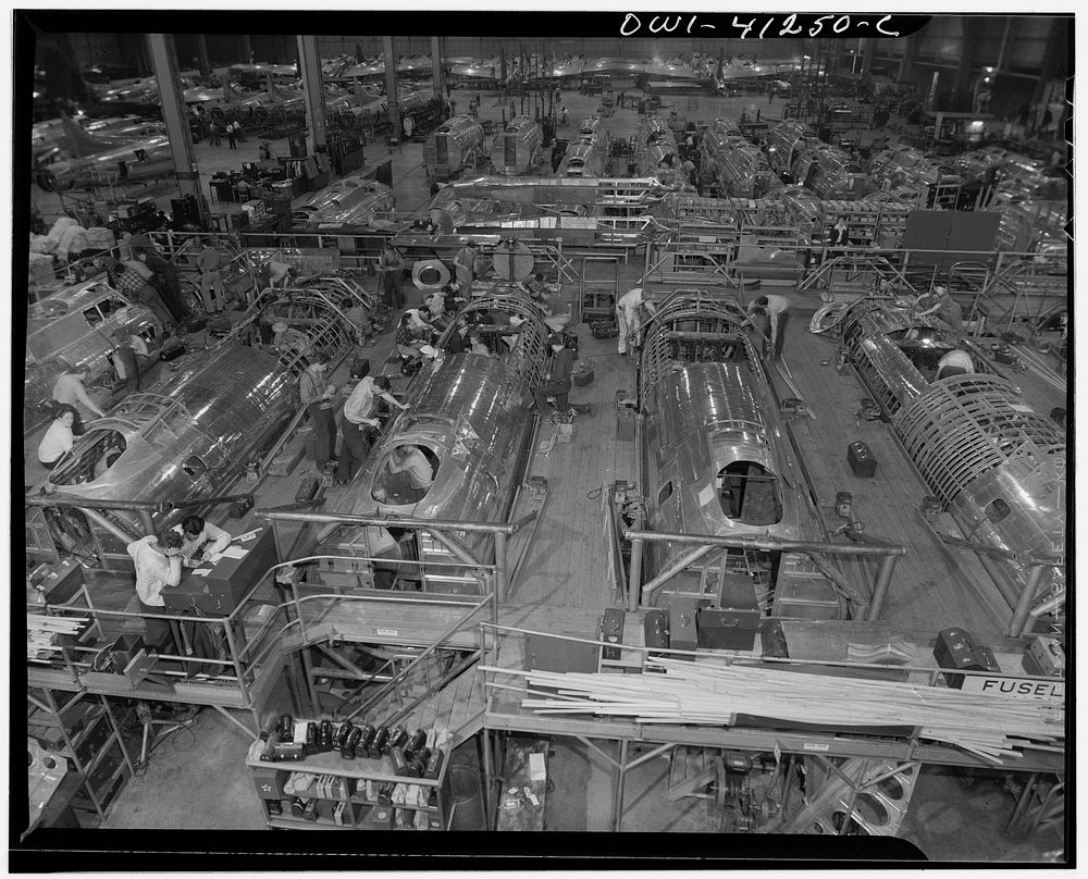 [Untitled photo, possibly related to: Boeing aircraft plant, Seattle, Washington. Production of B-17F (Flying Fortress)…
