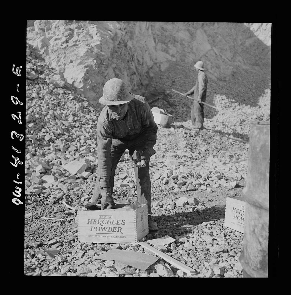 Bingham Canyon, Utah. Getting ready to blast ore at the Utah Copper Company mine. Sourced from the Library of Congress.
