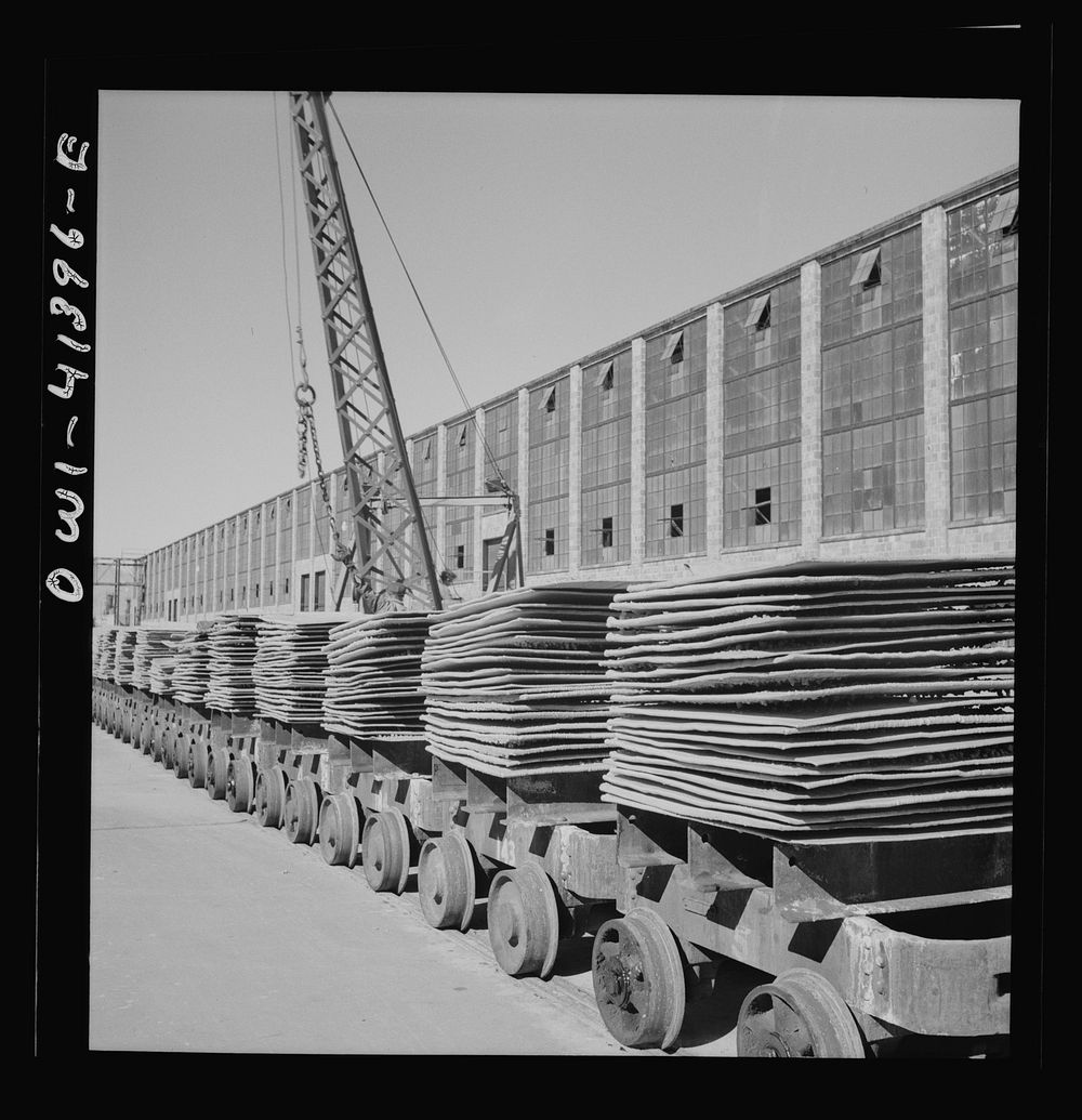 [Untitled photo, possibly related to: Phelps Dodge refining company, El Paso, Texas. Copper sheets on conveyors in the…