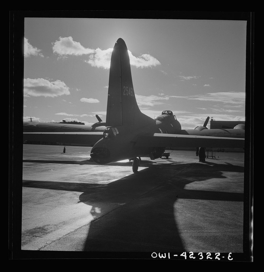 [Untitled photo, possibly related to: Production. B-17 heavy bomber. Tail view of a new B-17F (Flying Fortress) bomber ready…
