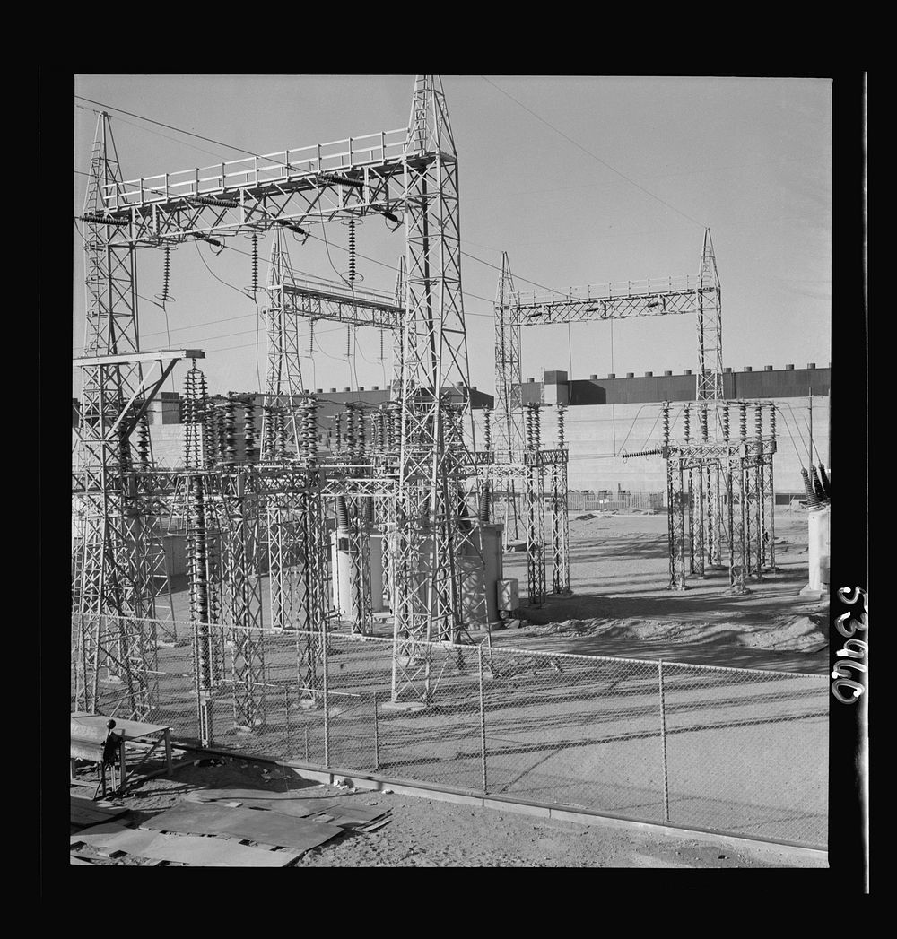 [Untitled photo, possibly related to: Las Vegas, Nevada. A mass of transmission towers and transformers redistributing power…