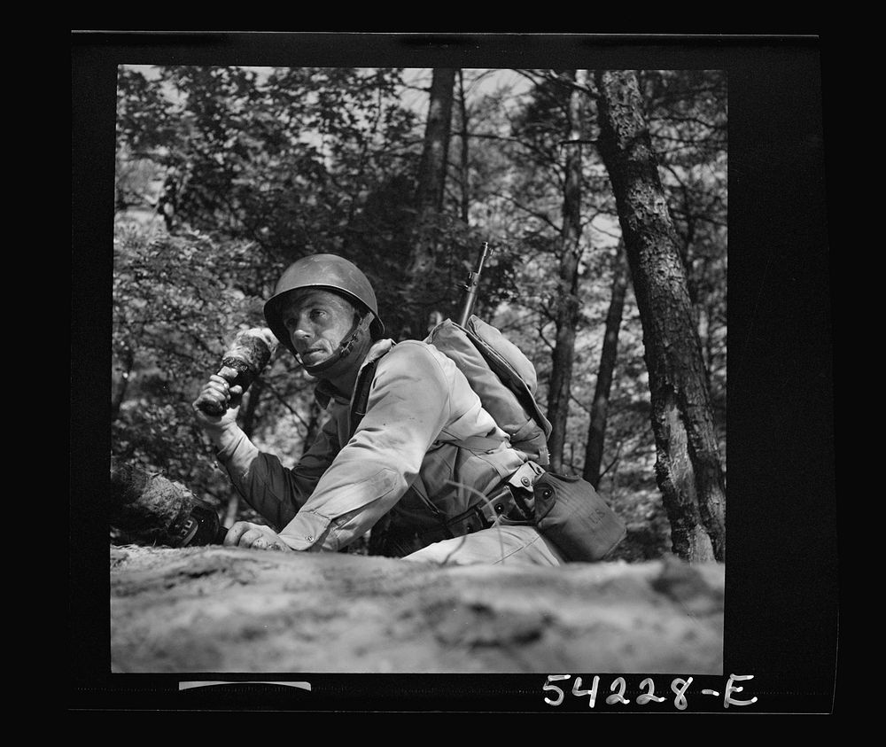 [Untitled photo, possibly related to: Fort Belvoir, Virginia. A soldier throwing a hand grenade]. Sourced from the Library…