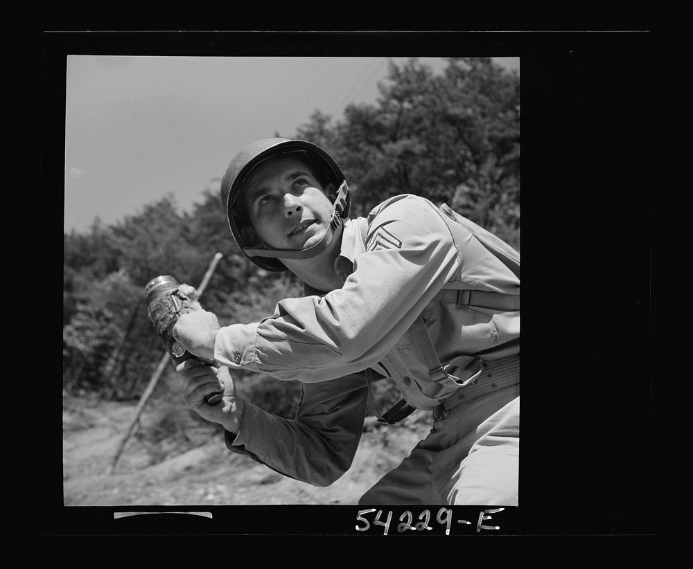Fort Belvoir, Virginia. A soldier learning to throw a hand grenade. Sourced from the Library of Congress.