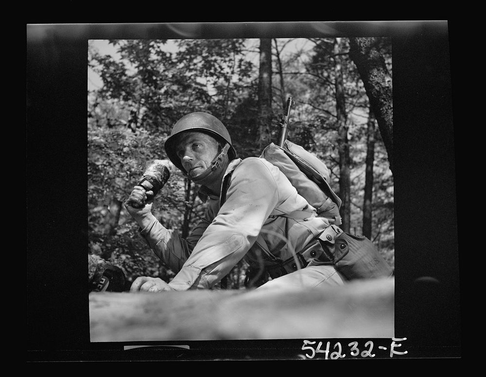 Fort Belvoir, Virginia. A soldier throwing a hand grenade. Sourced from the Library of Congress.