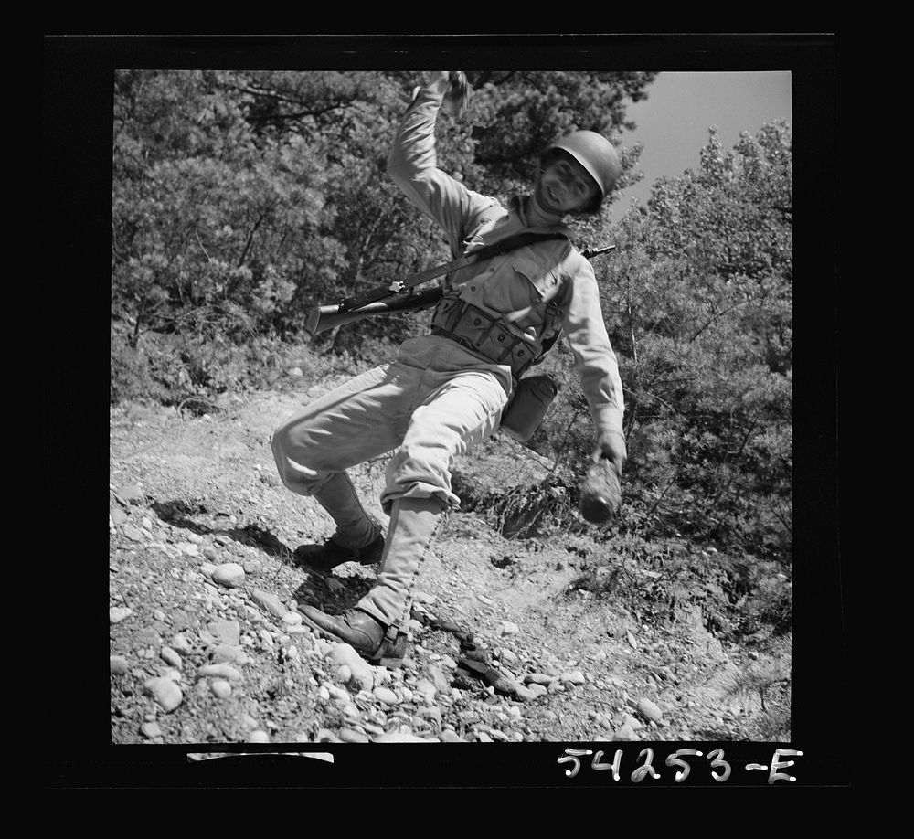 [Untitled photo, possibly related to: Fort Belvoir, Virginia. A soldier learning to throw a hand grenade]. Sourced from the…