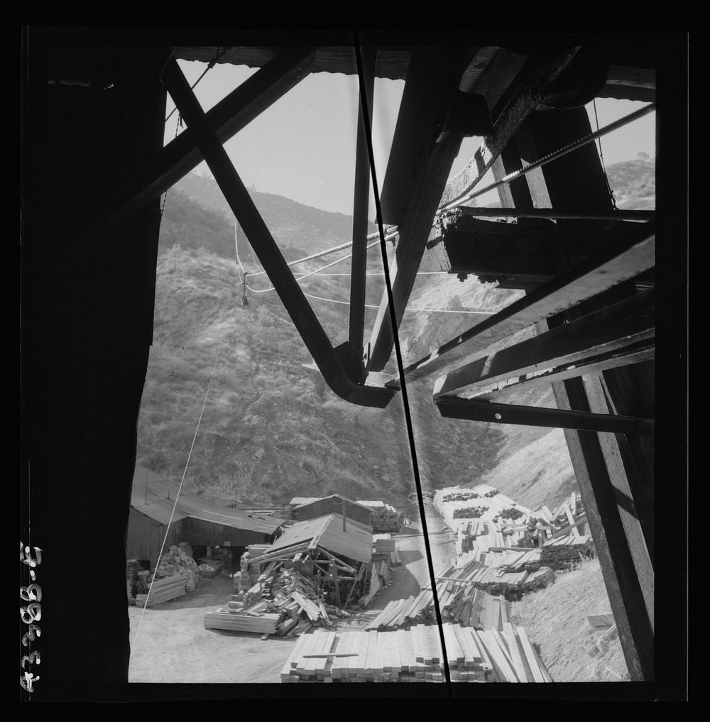 New Idria, California. An aerial tramway which carries cinnabar ore from mines to the New Idria Quicksilver Mining Company's…