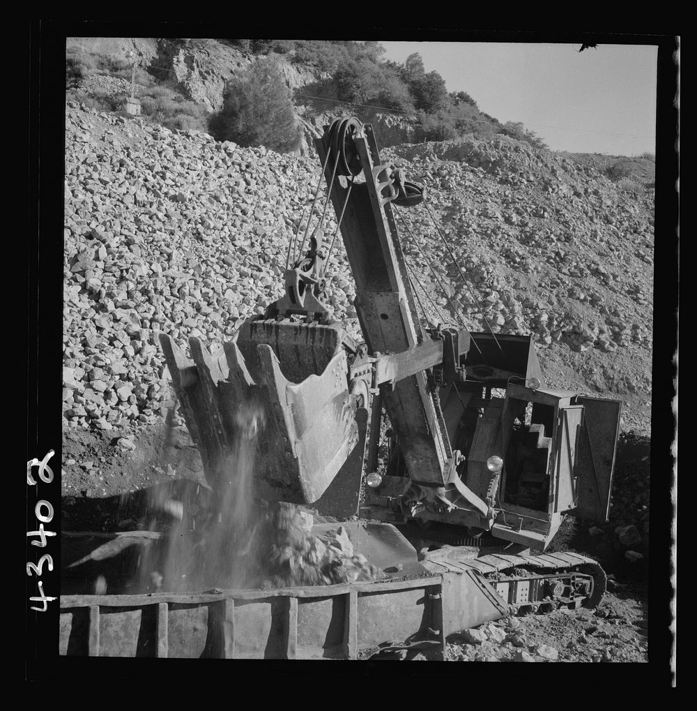 New Idria, California. A power shovel loading mercury ore, known as cinnabar, at an open-cut mine of the New Idria…