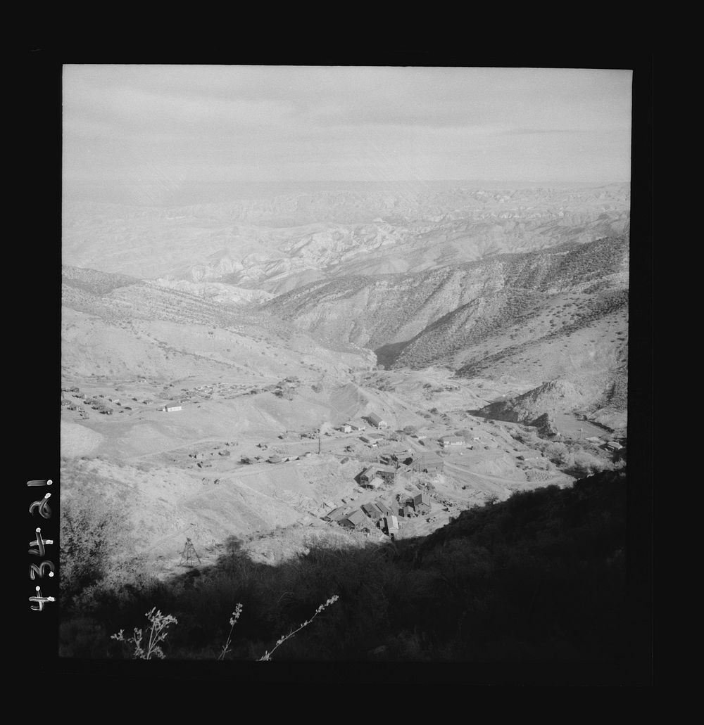 [Untitled photo, possibly related to: New Idria, California. A birds-eye view of New Idria showing vicinity of the mine…