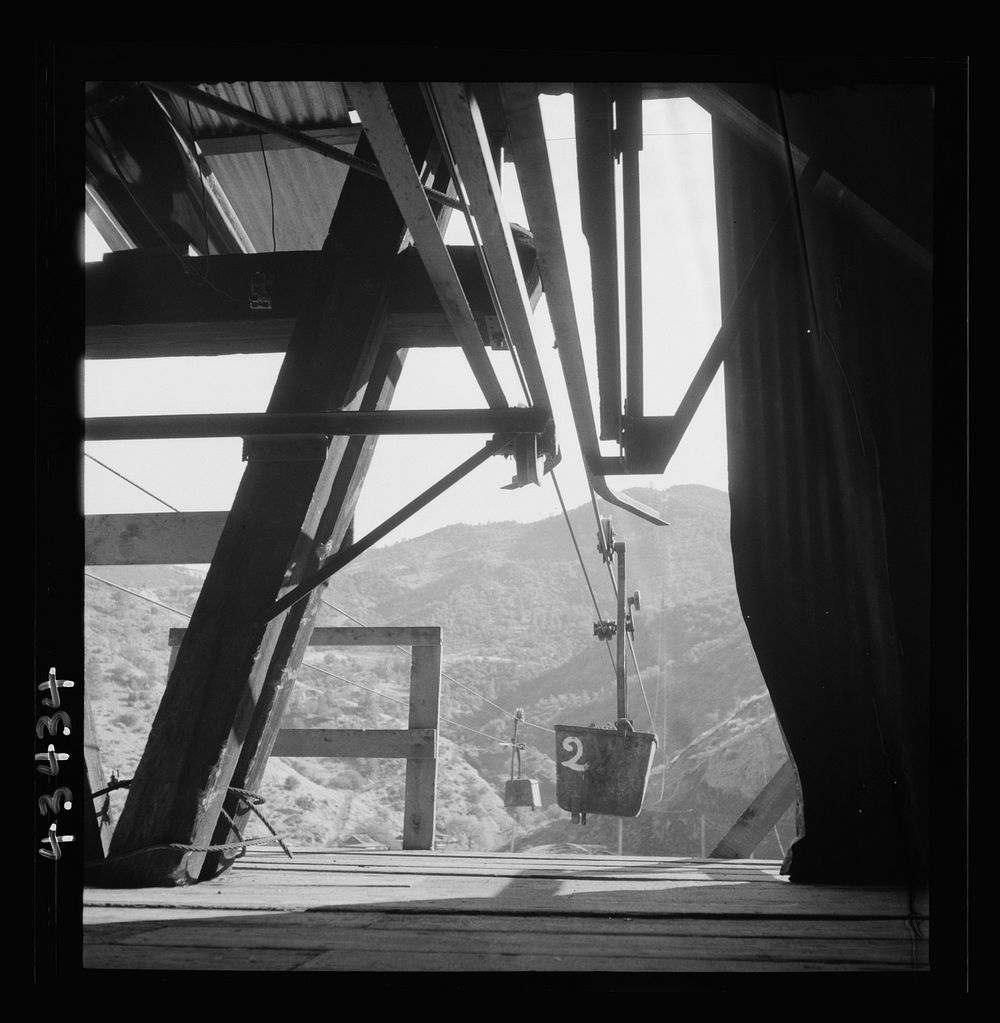 [Untitled photo, possibly related to: New Idria, California. An aerial tramway which carries cinnabar ore from mines to the…