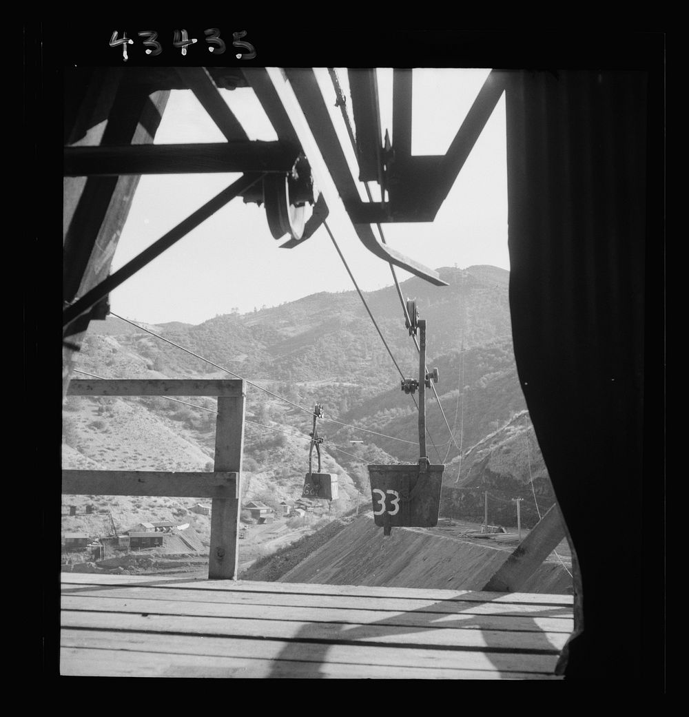 [Untitled photo, possibly related to: New Idria, California. An aerial tramway which carries cinnabar ore from mines to the…
