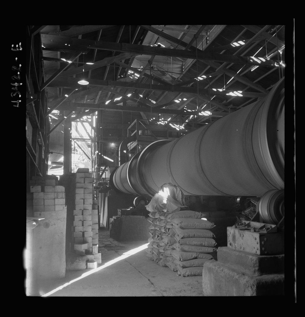 [Untitled photo, possibly related to: New Idria, California. A rotary kiln at the mercury extraction plant of the New Idria…