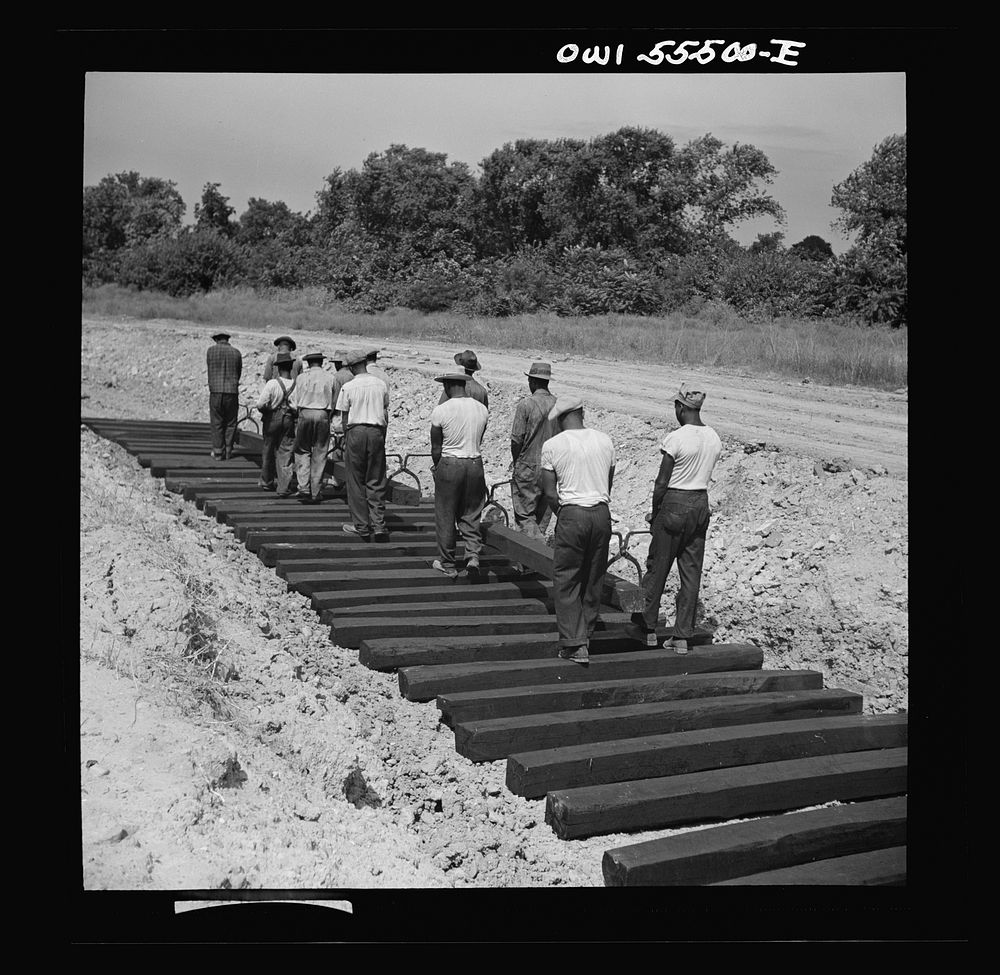  laborers carrying and laying railroad ties for a spur line into a coal storage space for the federal government. Sourced…