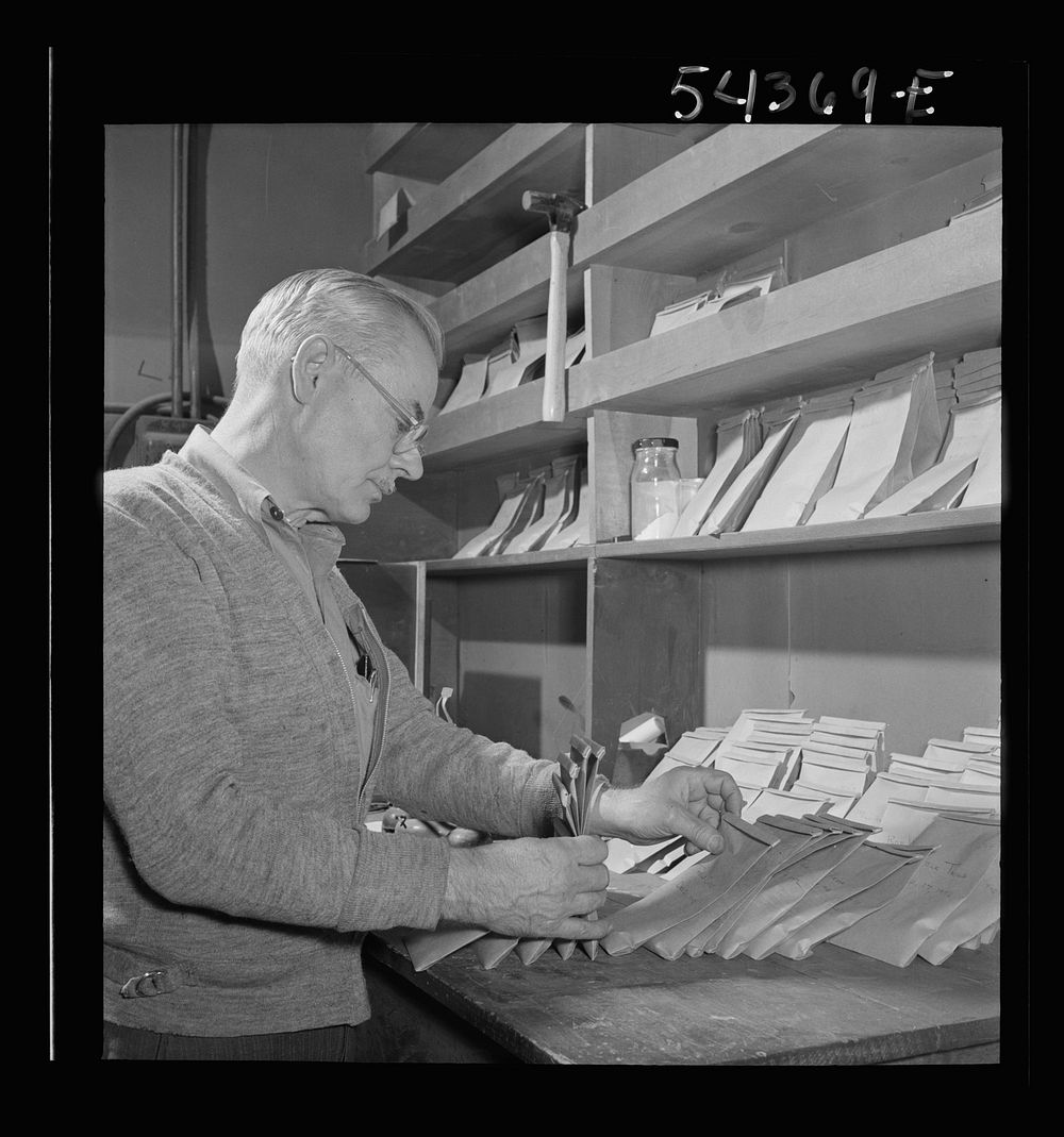 Kingman (vicinity), Arizona. A laboratory worker at a recovery plant near the Boriana mine selecting a sample of tungsten…