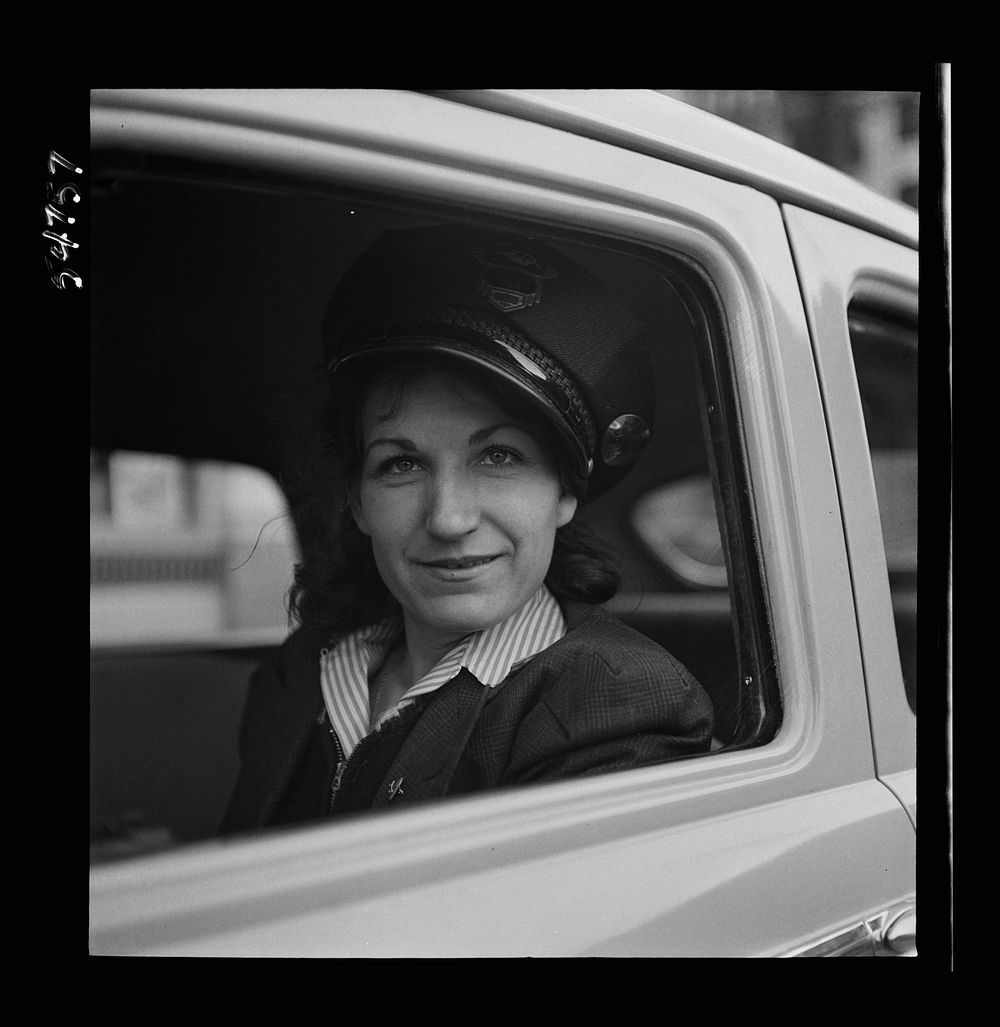 Portrait of a woman training to operate buses and taxicabs. Sourced from the Library of Congress.