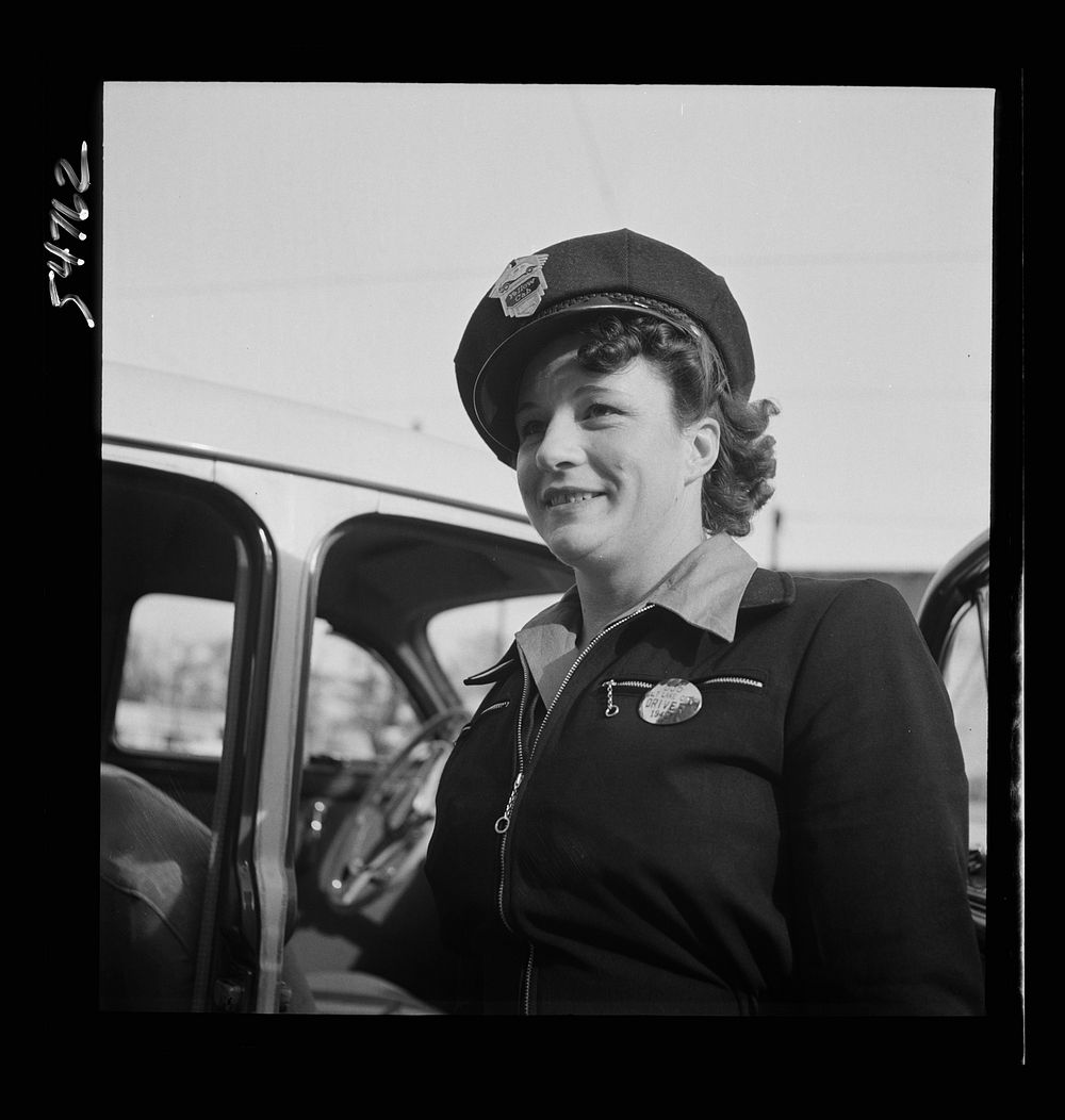 Portrait of a woman training to operate buses and taxicabs. Sourced from the Library of Congress.