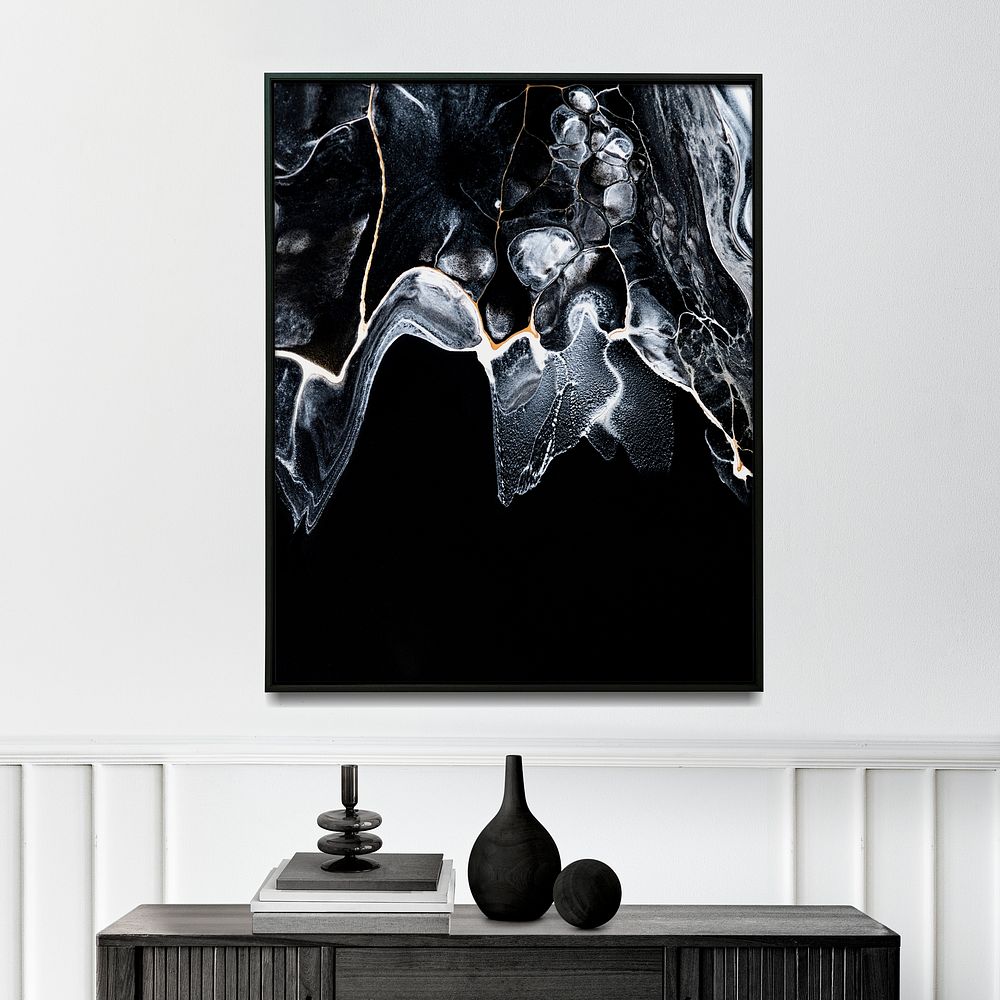 Luxury picture frame with black marble experimental art on the wall