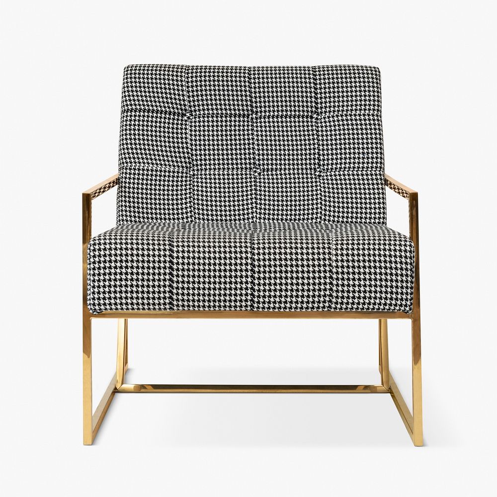 Gingham patterned chair with brass frame