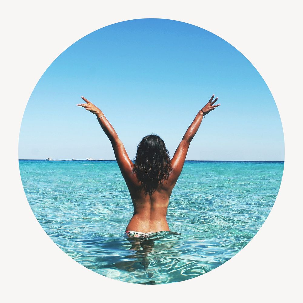 Carefree woman at the beach circle shape badge, Summer photo