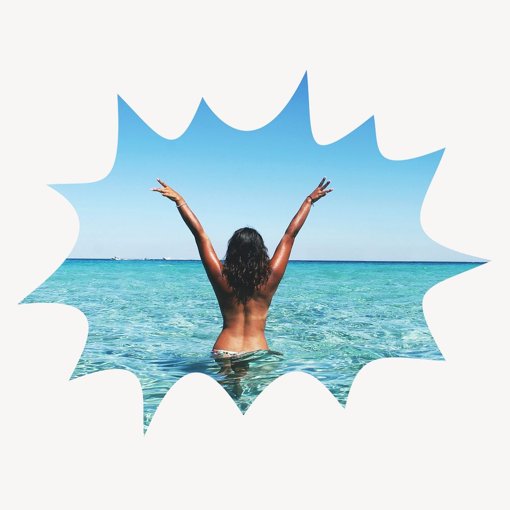 Carefree woman at the beach bang  shape badge, Summer photo
