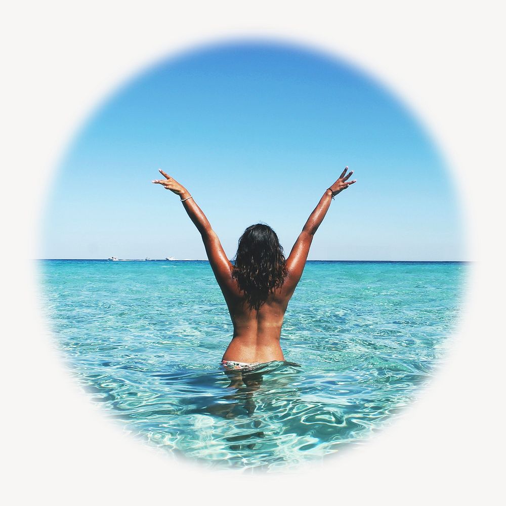 Carefree woman at the beach blur edge circle badge, Summer photo 