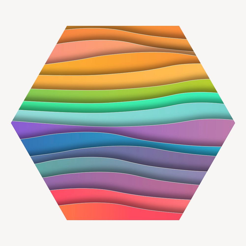 Rainbow paper waves hexagon shape badge, texture photo